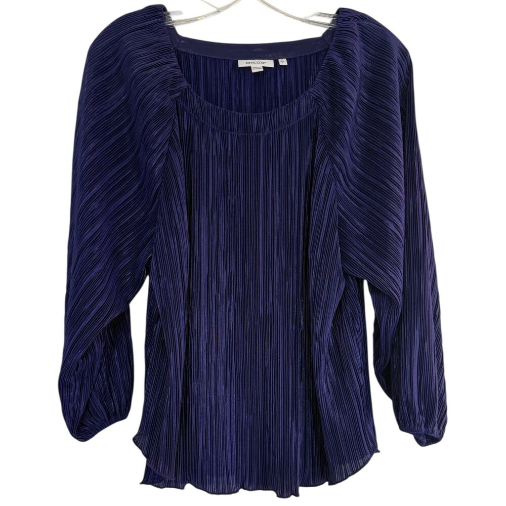 Chicos Blouse Womens Size Large Purple Metallic Crinkle Knit Balloon Sleeve Top
